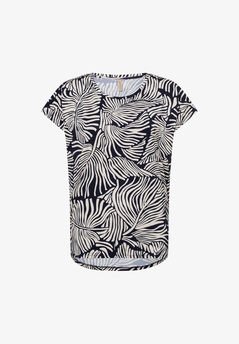 T-Shirt mit kurzen Ärmeln, das einen navyblauen Hintergrund mit weißen Blättern zeigt, aus weichem Stoff gefertigt, mit rundem Ausschnitt und abgerundetem Saum.