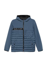 Blauwe hooded jacket met een combinatie van gladde en gewatteerde texturen. Beschikt over een zwarte logo band over de borst en ritszakken.