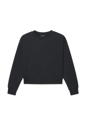 Schwarzes, kurz geschnittenes Sweatshirt mit langen Ärmeln, Rundhalsausschnitt und gerippten Bündchen, flach auf weißem Hintergrund dargestellt.