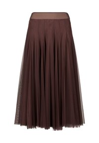 Bruine tule rok met een brede, gladde tailleband. De stof is gelaagd, waardoor een vloeiende silhouet ontstaat dat beweging accentueert.