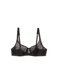Bralette de encaje negro con paneles transparentes, bordado floral, soporte de aros y tirantes ajustables para un mejor ajuste. Espalda lisa con cierre de gancho.