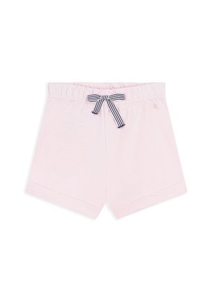 Pantaloncini rosa chiaro con vita elastica, fiocco a righe nero e bianco davanti e orli ripiegati.