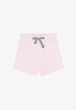 Pantaloncini rosa chiaro con vita elastica, fiocco a righe nero e bianco davanti e orli ripiegati.