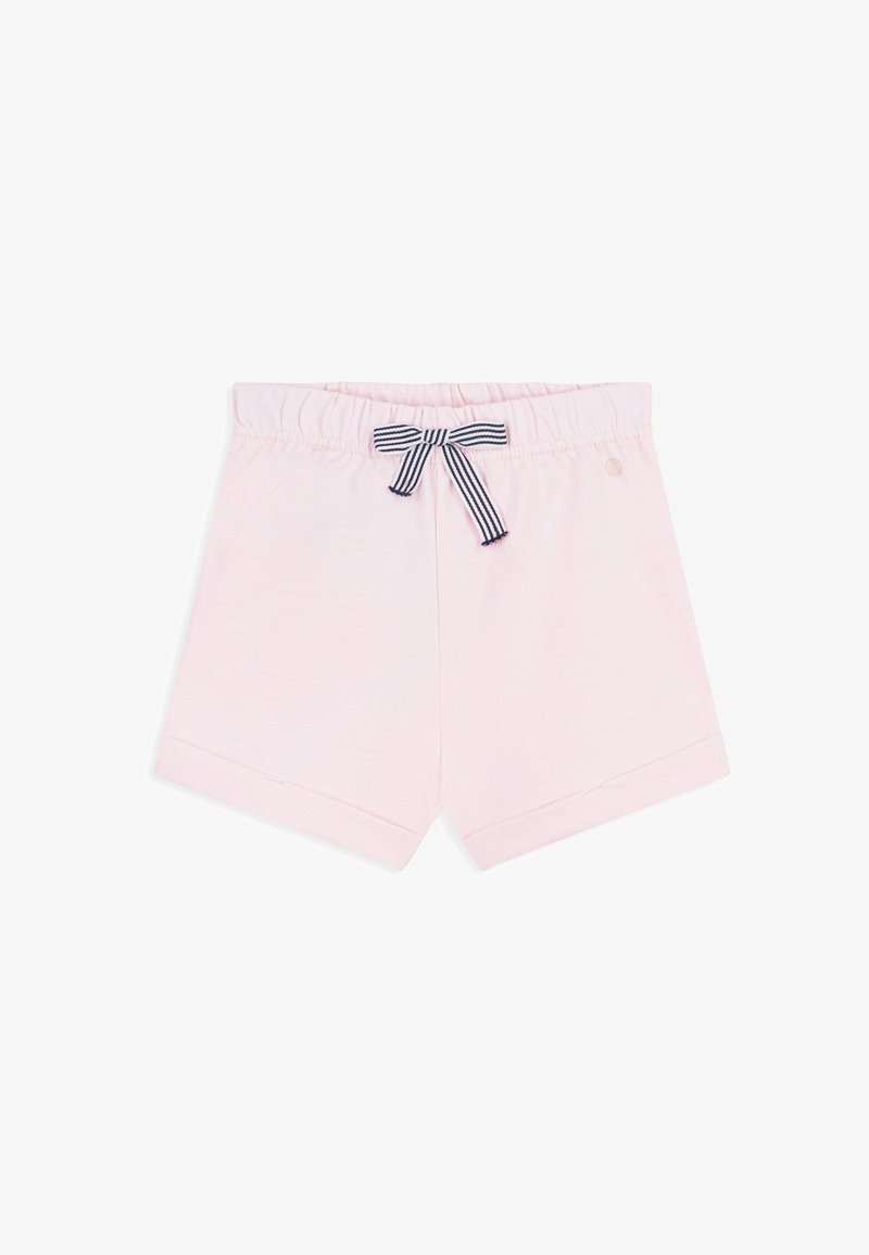 Hellrosa elastische Shorts mit einer schwarz-weiß gestreiften Schleife vorne und umgeschlagenen Säumen.