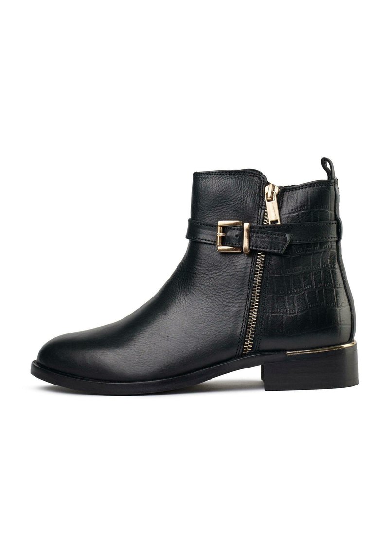 Black leather ankle boot with a rounded toe, featuring a side zipper, decorative buckle, and embossed crocodile pattern on the heel.