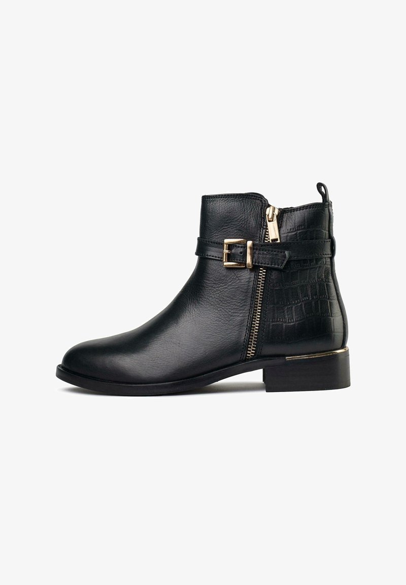 Black leather ankle boot with a rounded toe, featuring a side zipper, decorative buckle, and embossed crocodile pattern on the heel.