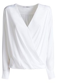 Blusa bianca a maniche lunghe con design avvolgente, scollo a V e tessuto morbido e liscio con un leggero drappeggio e polsini con bottoni.