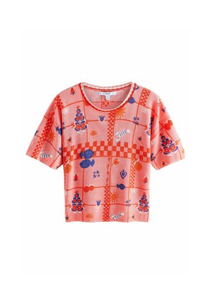 T-shirt à manches courtes en corail avec des motifs floraux et géométriques en bleu et orange. Matière en jersey doux avec un col rond.