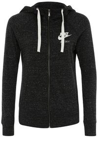 Mörkgrå zip-up hoodie med vita dragsnören, Nike-logotyp och sloganen "Just Do It" på vänster bröst.