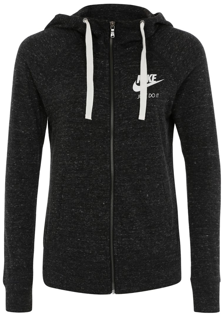Mörkgrå zip-up hoodie med vita dragsnören, Nike-logotyp och sloganen "Just Do It" på vänster bröst.