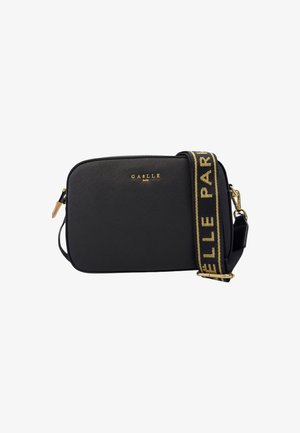 Borsa a tracolla rettangolare nera con logo dorato "GAËLLE Paris" e tracolla nera regolabile con testo dorato "GAËLLE PARIS".