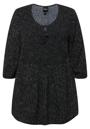 Black tunic top with a floral pattern in gray tones. Features a scoop neckline, 3/4 sleeves, and button details at the front. Soft texture.