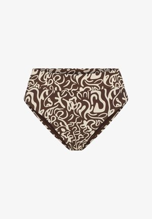 Culotte de bikini taille haute en marron et beige avec un motif abstrait de tourbillons ondulés et une large ceinture.