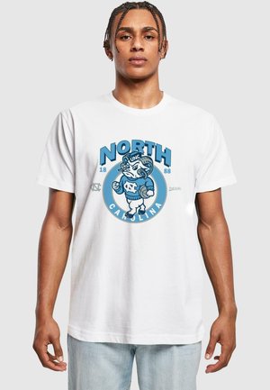 White cotton T-shirt featuring a blue graphic of a mascot with "NORTH CAROLINA" and "1888" text, round design, and ribbed collar.