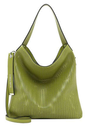 Grøn perforeret læderhåndtaske med en blød, slaskende form, lang skulderrem og diskret sort kant. Har prikket mønster og logodetalje.