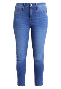 Slim jeans i mid-blå denim, med femfickorsdesign, knappstängning och subtila slitningar framtill för textur.