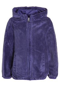 Fialová fleecová bunda s kapucí, se zipem vpředu, dvěma bočními kapsami a elastickými manžetami a lemem. Měkká, strukturovaná tkanina.