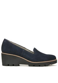 Navy blue suede wedge shoes with a closed toe and elastic side slip-on design. Features a textured black rubber sole and beige stitching.