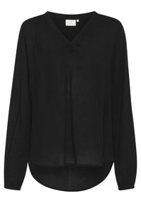 Blouse noire à manches longues avec décolleté en V, coupe ample, ourlet légèrement arrondi et poignets élastiques.