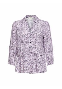 Blouse fleurie violette à manches longues avec col et boutonnière devant, présentant un design superposé et un tissu fluide.