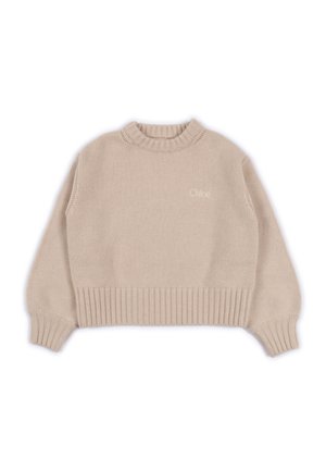Maglione corto a maglia beige con polsini e orlo a coste, scollo rotondo e discreto logo "Chloe" sul lato sinistro del petto.