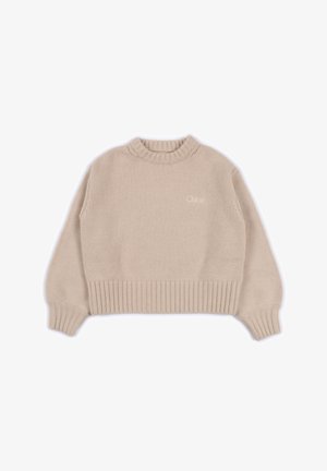 Maglione corto a maglia beige con polsini e orlo a coste, scollo rotondo e discreto logo "Chloe" sul lato sinistro del petto.