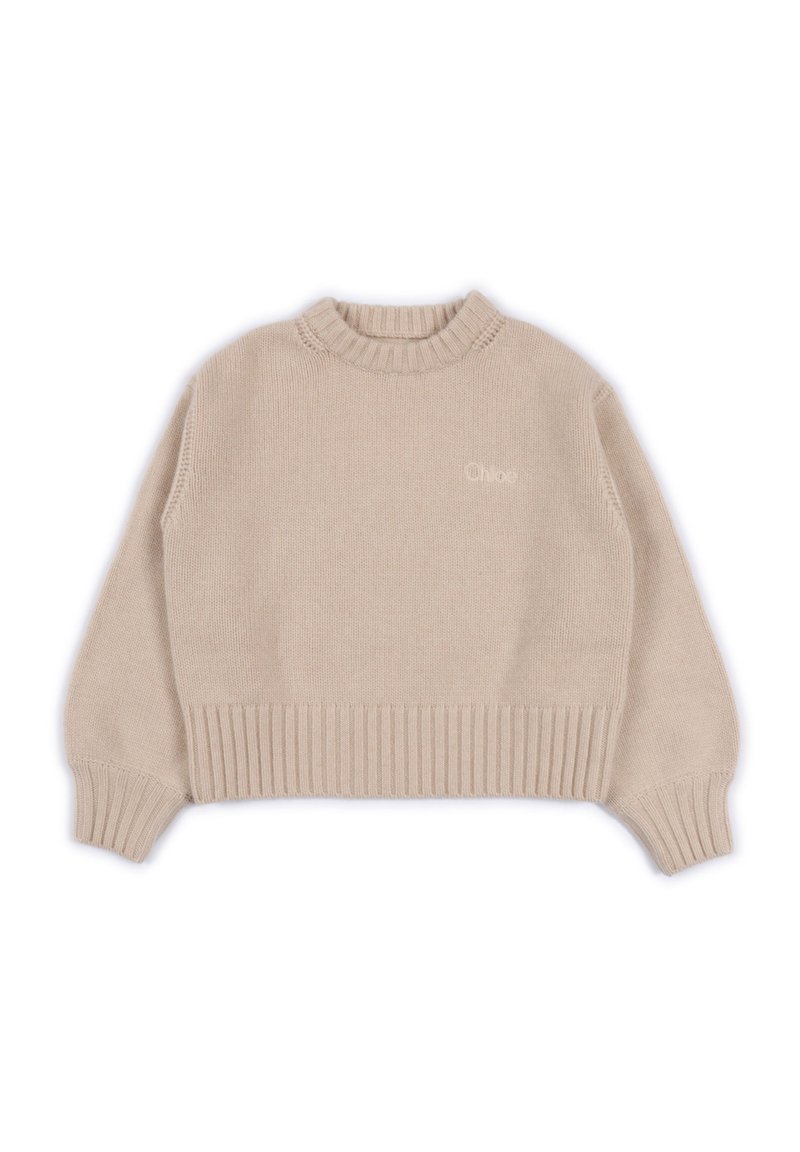 Maglione corto a maglia beige con polsini e orlo a coste, scollo rotondo e discreto logo "Chloe" sul lato sinistro del petto.