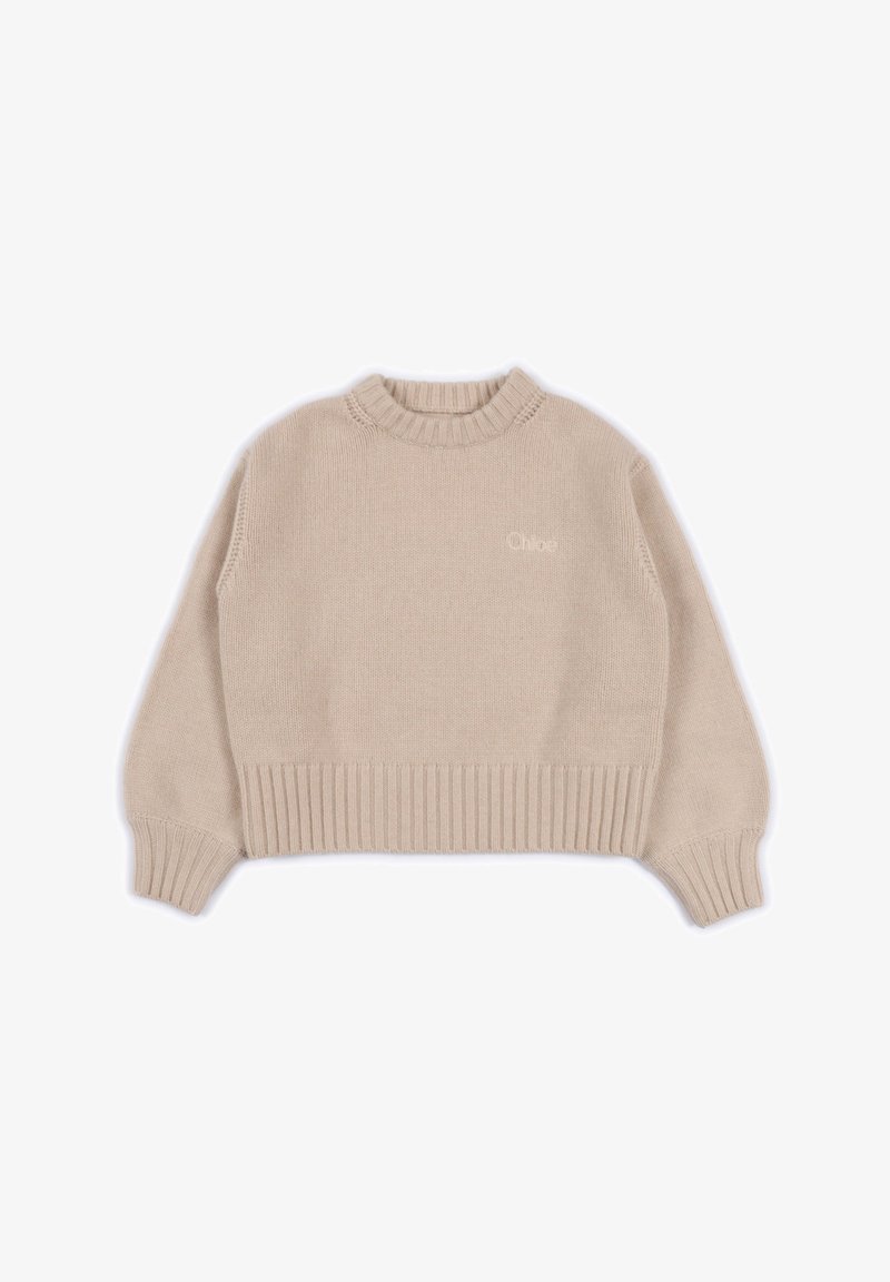 Maglione corto a maglia beige con polsini e orlo a coste, scollo rotondo e discreto logo "Chloe" sul lato sinistro del petto.