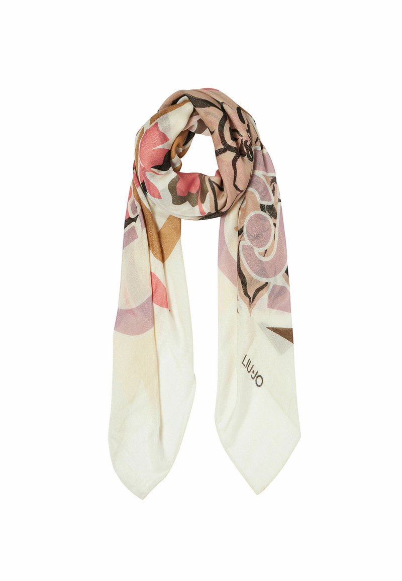 Letvægts, multicolor tørklæde med et blomstermønster, der indeholder nuancer af pink, brun og creme. Stoffet har en glat tekstur. Brandlogoet er synligt.