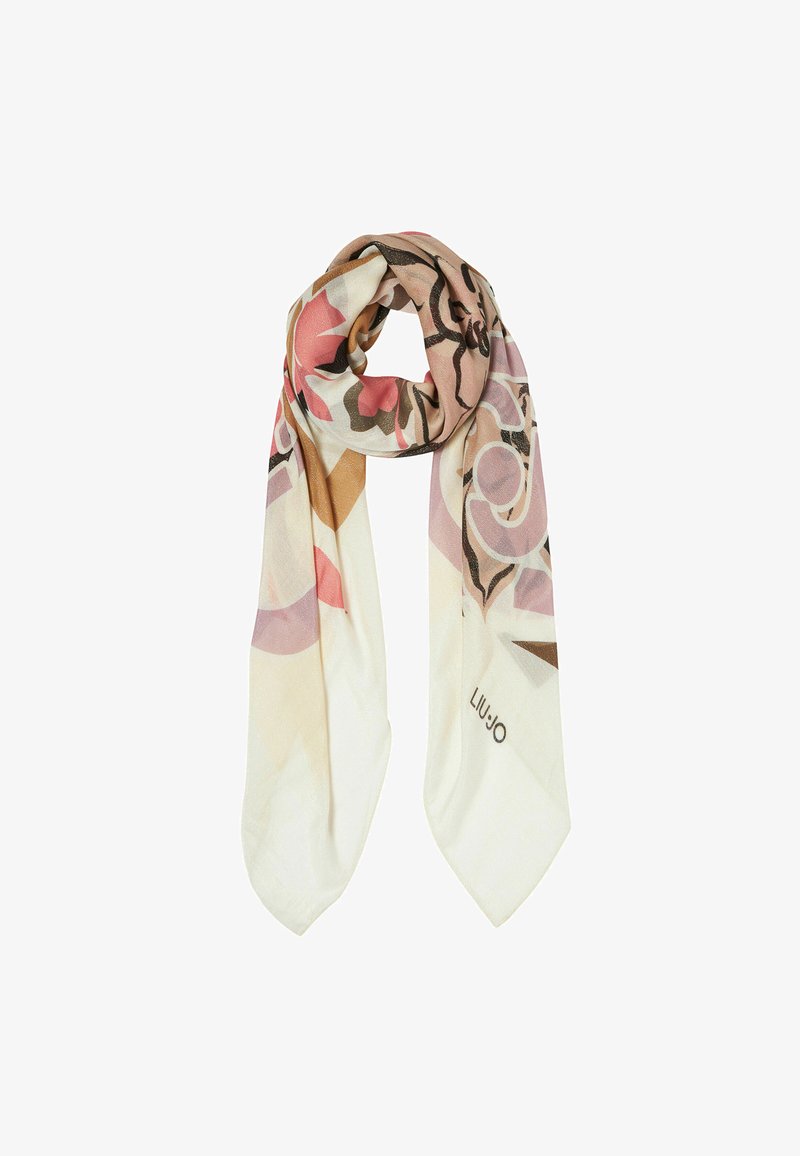 Écharpe légère et multicolore avec un motif floral, présentant des nuances de rose, de brun et de crème. Le tissu a une texture lisse. Logo de la marque visible.