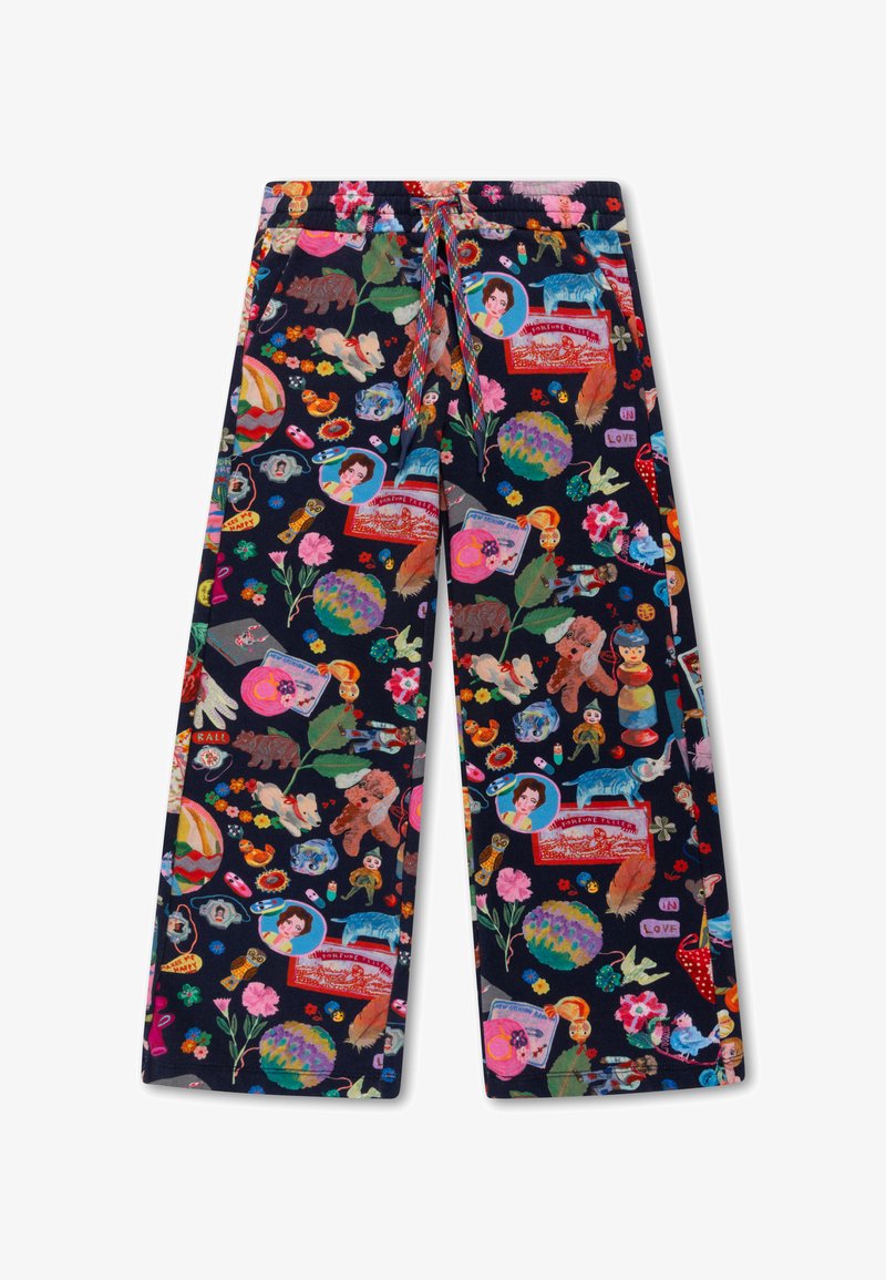 Donkergekleurde wijde broek met een levendig, speels patroon van bloemen, dieren en verschillende kleurrijke objecten. Elastische tailleband met trekkoord.
