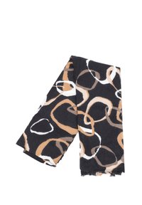 Sciarpa nera con un motivo astratto di cerchi intrecciati in tonalità di beige, marrone e bianco. Texture morbida con bordi sfrangiati.