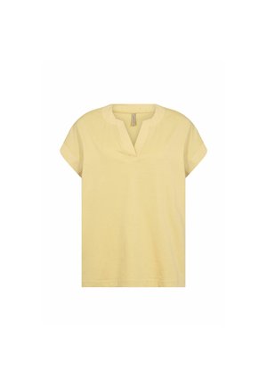Yellow cotton t-shirt with a relaxed fit, short sleeves, and a v-neckline. Smooth texture and no visible patterns or embellishments.