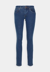 Dark blue denim skinny jeans with five pockets, belt loops, a button fastening, and subtle stitching details. Smooth texture.