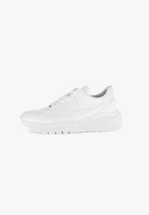 Witte sneakers met een glad leren bovenwerk, een ronde neus, vetersluiting en een geprofileerde rubberen zool voor grip en demping.