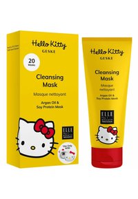 Set de masques nettoyants comprenant une boîte et un tube jaune vif, tous deux ornés d'un design Hello Kitty, de l'huile d'argan et de protéines de soja. 20 masques inclus.