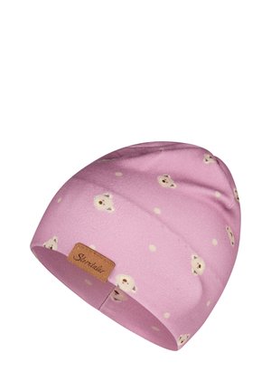 Pink fleece beanie with an all-over pattern of bear faces and white dots. Features a brown leather logo patch on the cuff.