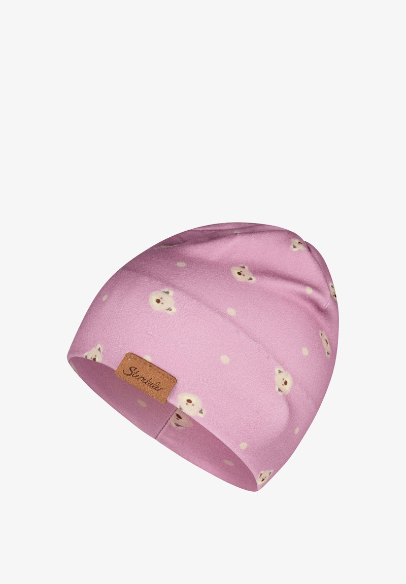 Rosa Fleece-Mütze mit einem Allover-Muster aus Bärenköpfen und weißen Punkten. Verfügt über ein braunes Leder-Logo-Patch am Bündchen.