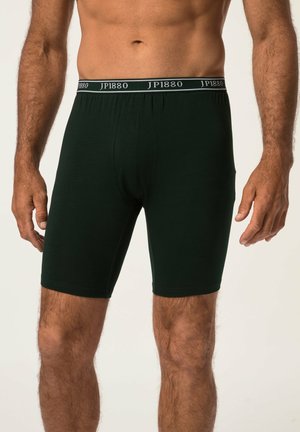Dunkelgrüne Herren-Boxershorts mit einem elastischen Bund, der weißen Text aufweist. Der Stoff scheint weich und leicht tailliert zu sein.