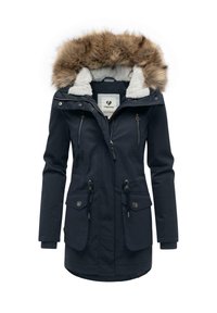 Navy blue parka jacket with a faux fur hood, zippered pockets, and drawstring waist. Features a soft inner lining and ribbed cuffs.