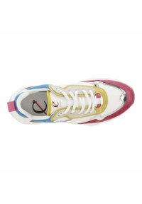 Mehrfarbige Sneaker aus weißem Leder mit Überzügen aus gelben, blauen und rosa Wildleder, silbernen Akzenten und weißen Schnürsenkeln. Gummisohle, Mesh-Innenfutter.