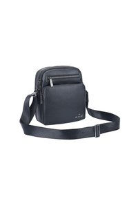 Borsa a tracolla nera in pelle con due scomparti con zip e una tracolla sottile e regolabile. Superficie testurizzata e accenti in metallo presenti.