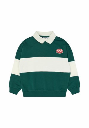 Chemise à manches longues style rugby vert foncé et blanc avec col blanc et bande blanche horizontale sur la poitrine et les manches, logo rouge sur la poitrine.
