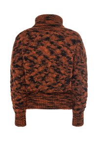 Maglione lavorato a maglia con colletto alto, caratterizzato da un motivo arancione e nero, texture spessa e polsini e orlo a coste.
