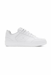 White athletic shoes with a smooth synthetic upper, round toe, padded collar, and textured rubber sole. Features logo on the side.