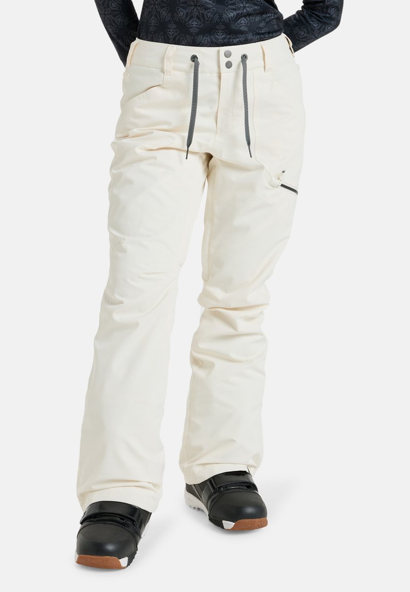 Weiße Skihosen mit lockerer Passform, elastischem Bund, zwei Reißverschlusstaschen und schwarzen Kordeln. Sie zeichnen sich durch eine glatte Textur und verstellbare Bündchen aus.