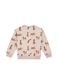 Felpa beige con stampa di cani ripetuta in tonalità di marrone. Texture morbida, polsini e scollatura a coste, vestibilità casual.