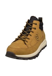 Braune Wildlederschuhe für Wandertouren mit schwarzem Textilkragen, abgerundeter Zehenpartie und strukturiertem Gummisohle. Ausgestattet mit hellbraunen Schnürsenkeln und Logo-Akzent an der Seite.