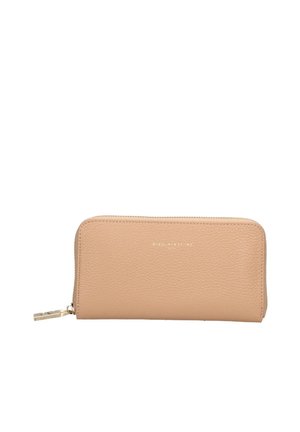 Portafoglio beige in pelle texturizzata con zip perimetrale, dotato di un tirante dorato e di una discreta scritta dorata del marchio sul davanti.