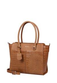 Borsa in pelle marrone chiaro con texture a coccodrillo, doppi manici, tracolla staccabile e etichetta con marchio.